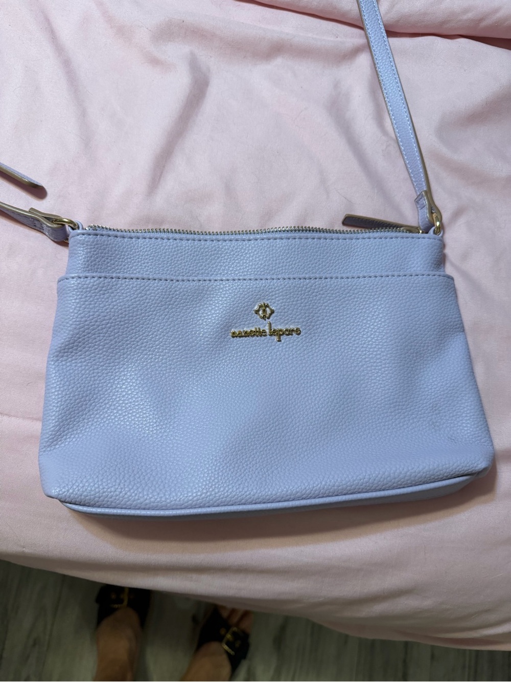 Nanette Lepore Light Lavender Pebbled Leather Crossbody with Gold Logo